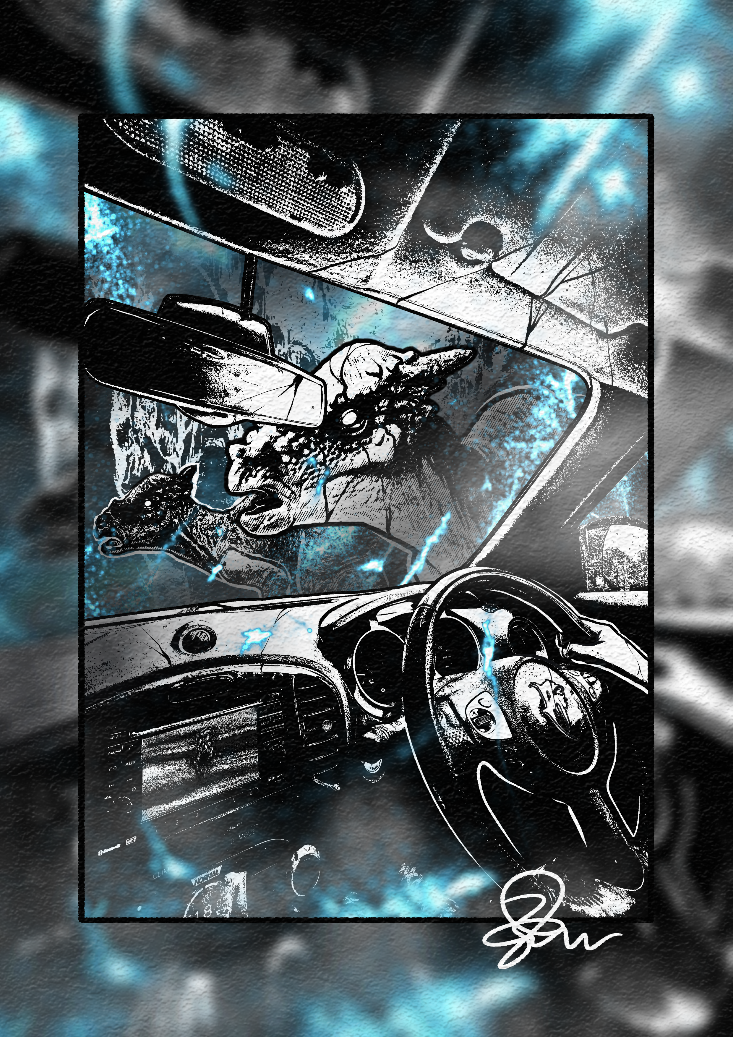 Stay in the Car! - Paleohorror art print by Ambrite Art