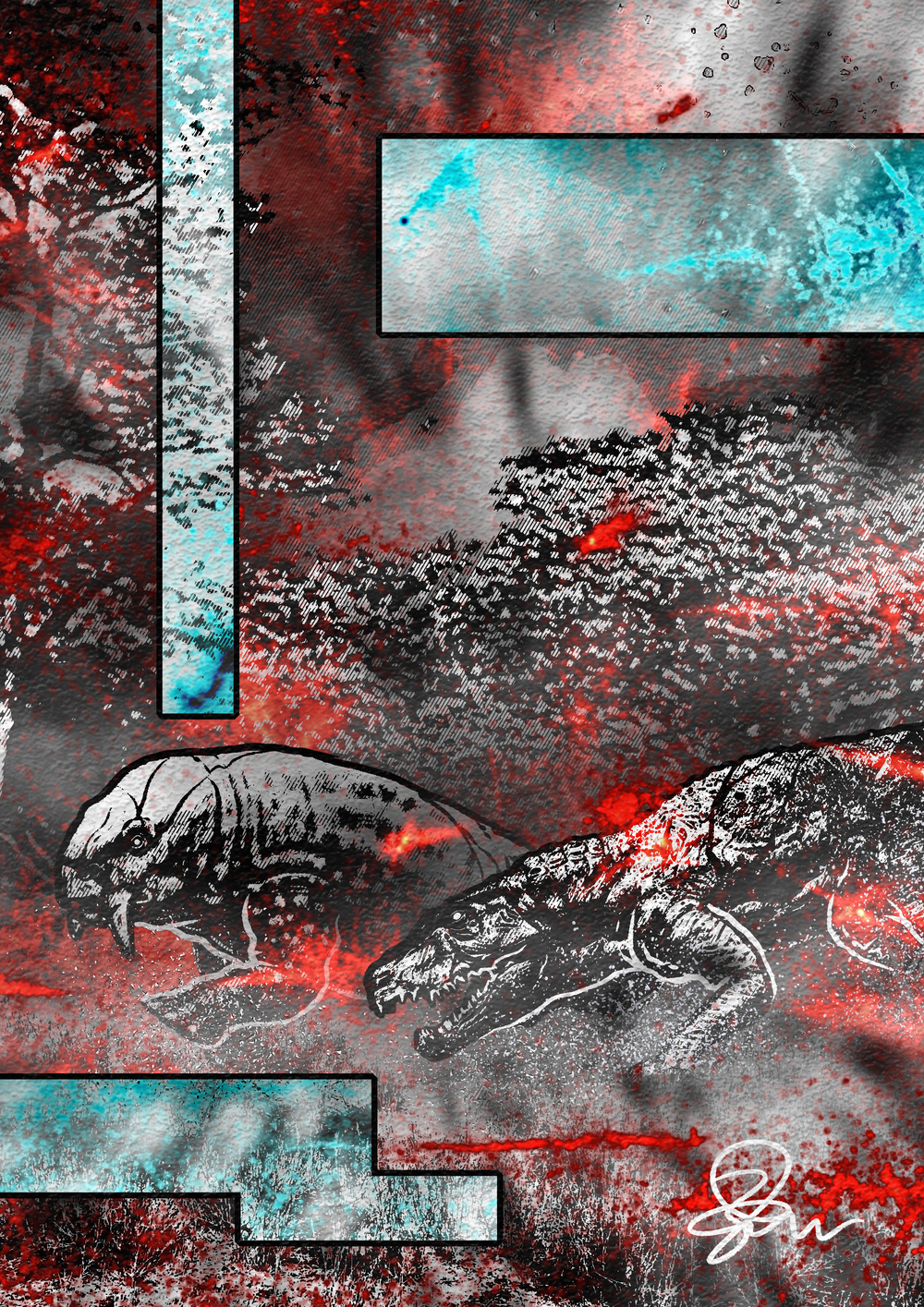 WWD Postosuchus and Placerias - Paleohorror art print by Ambrite Art